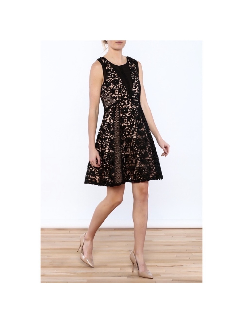 NWOT Adelyn Rae Black Lace Mini Dress with Nude Lining